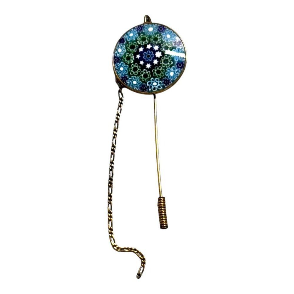 Vintage Millefiori Glass & Metal Hatpin Straight Stick Pin Brooch Pendant Floral